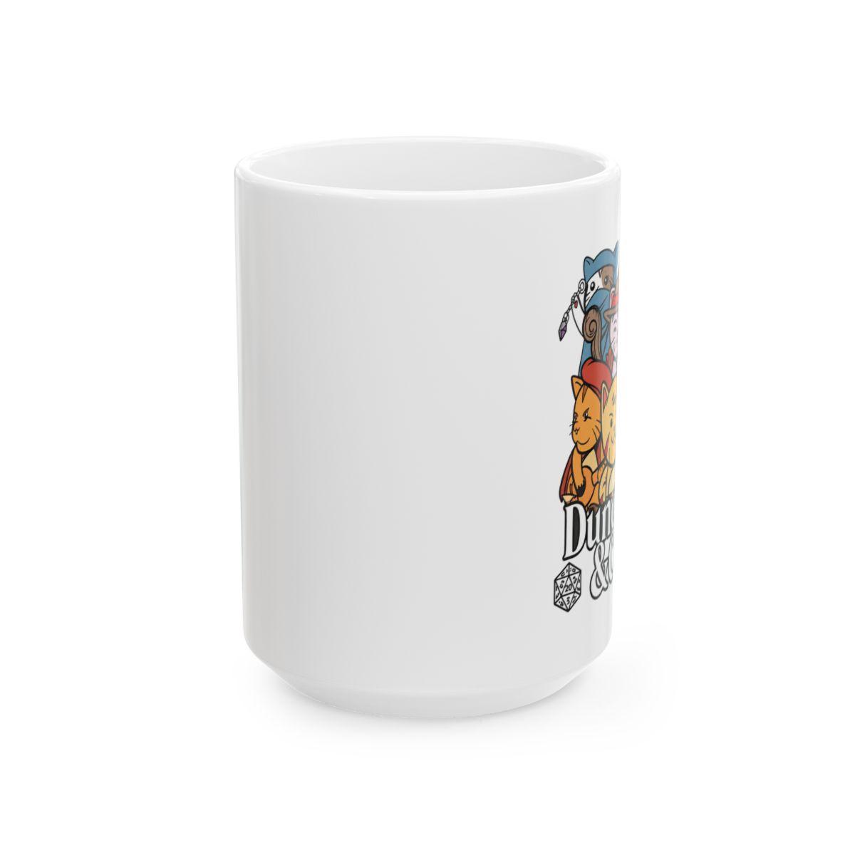 Black ceramic mug featuring a white design of cartoon cats dressed as Dungeons and Dragons characters. The text "Dungeons & Cats" is printed in white on the mug - alternate angle 2, merchandise