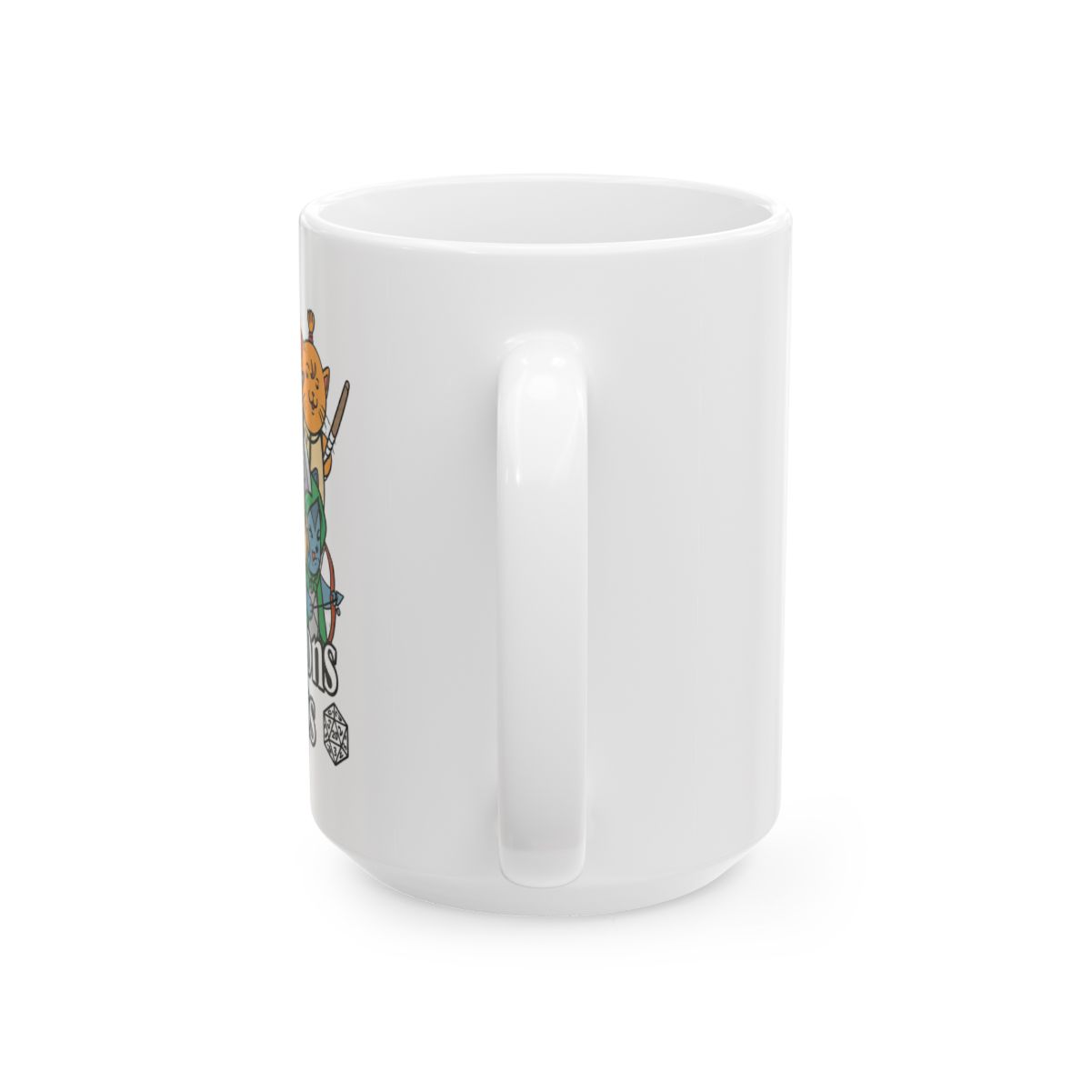 Black ceramic mug featuring a white design of cartoon cats dressed as Dungeons and Dragons characters. The text "Dungeons & Cats" is printed in white on the mug - alternate angle 5, merchandise