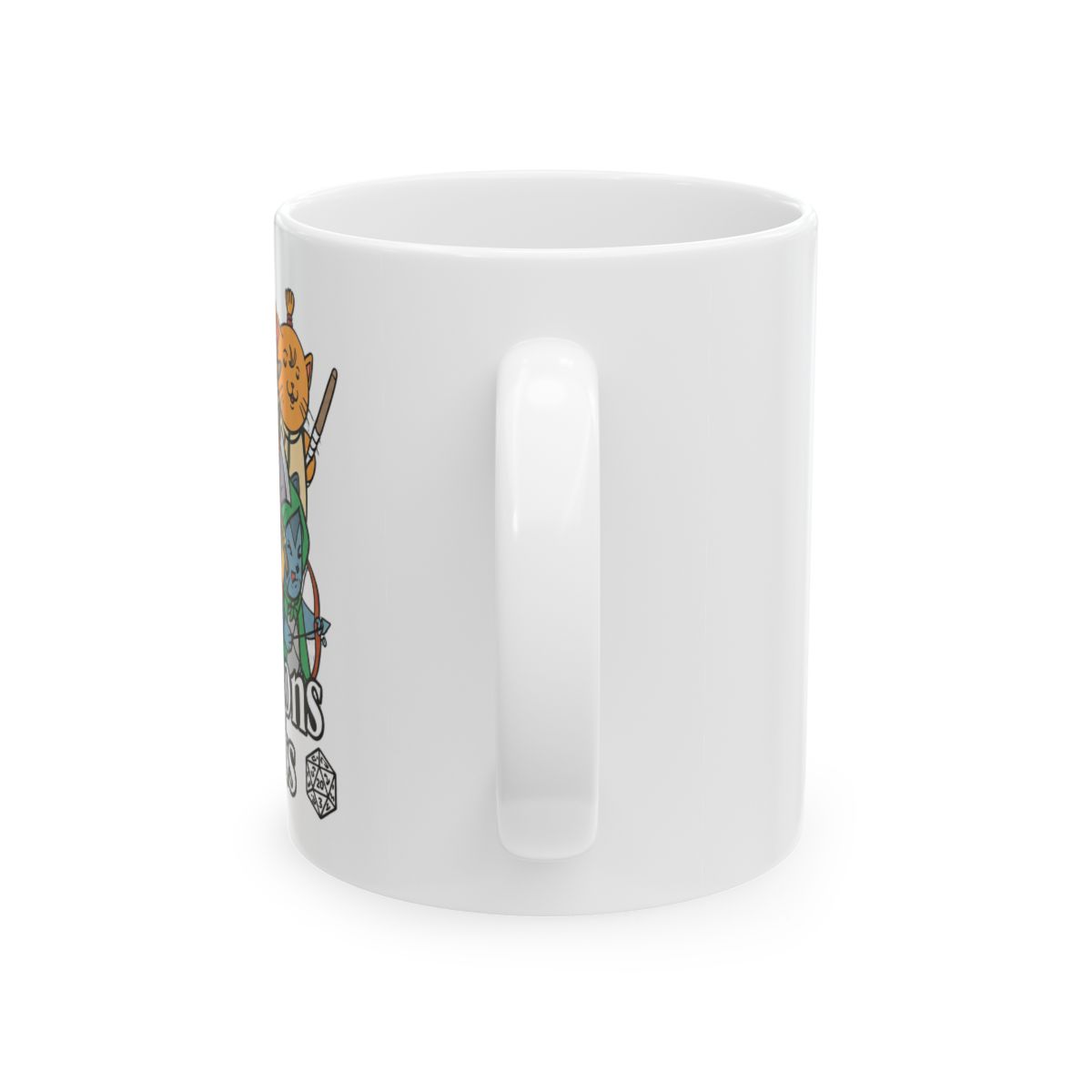 Black ceramic mug featuring a white design of cartoon cats dressed as Dungeons and Dragons characters. The text "Dungeons & Cats" is printed in white on the mug - alternate angle 3, merchandise