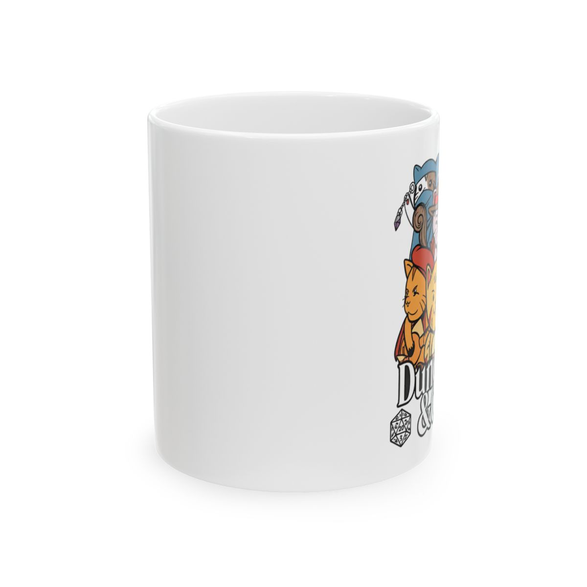 Black ceramic mug featuring a white design of cartoon cats dressed as Dungeons and Dragons characters. The text "Dungeons & Cats" is printed in white on the mug - alternate angle 1, merchandise