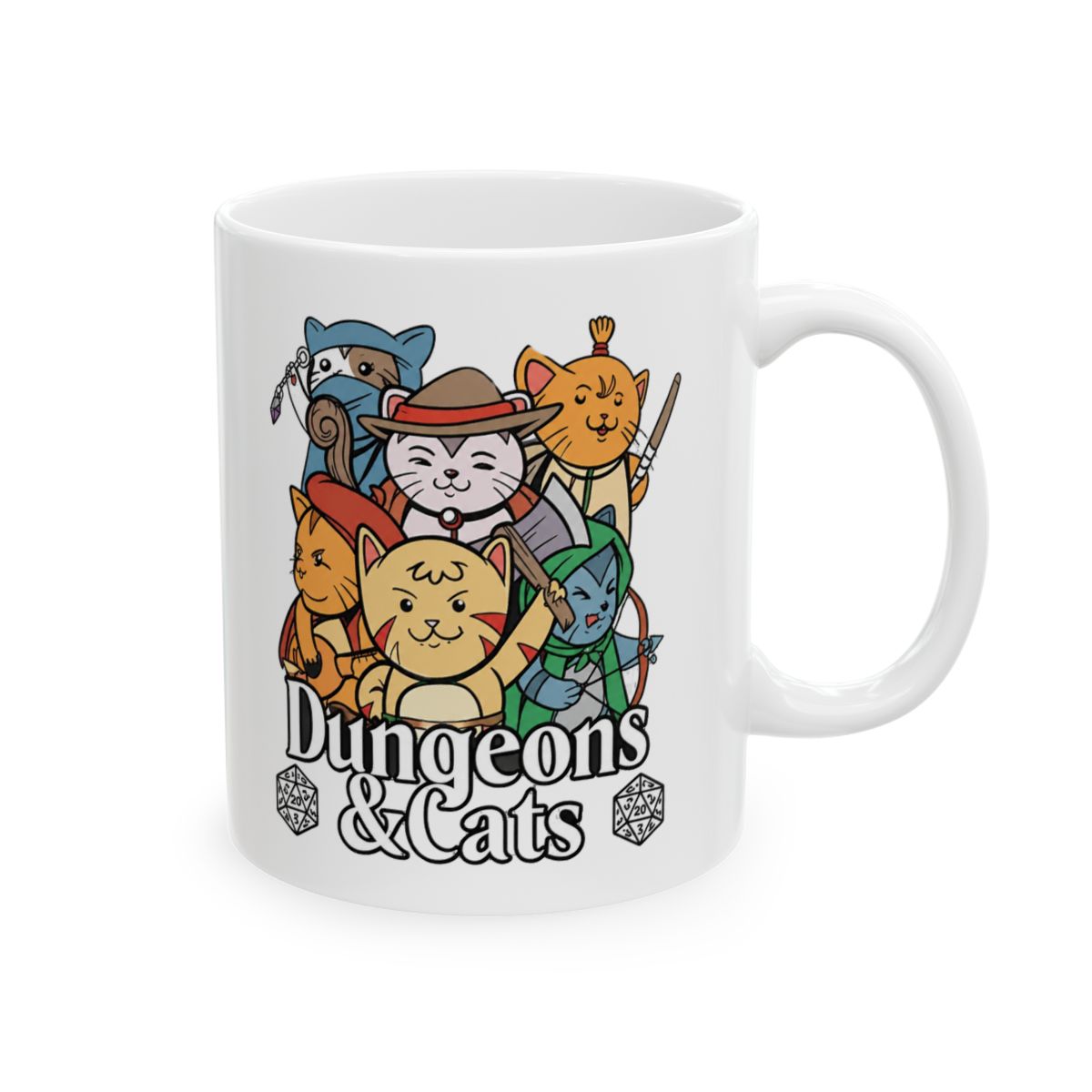 Black ceramic mug featuring a white design of cartoon cats dressed as Dungeons and Dragons characters. The text "Dungeons & Cats" is printed in white on the mug