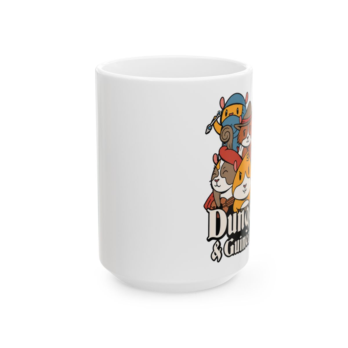 Black ceramic mug featuring a white design of cartoon guinea pigs dressed as Dungeons & Dragons characters. The text "Dungeons & Guinea Pigs" is printed in white on the mug - alternate angle 1, merchandise
