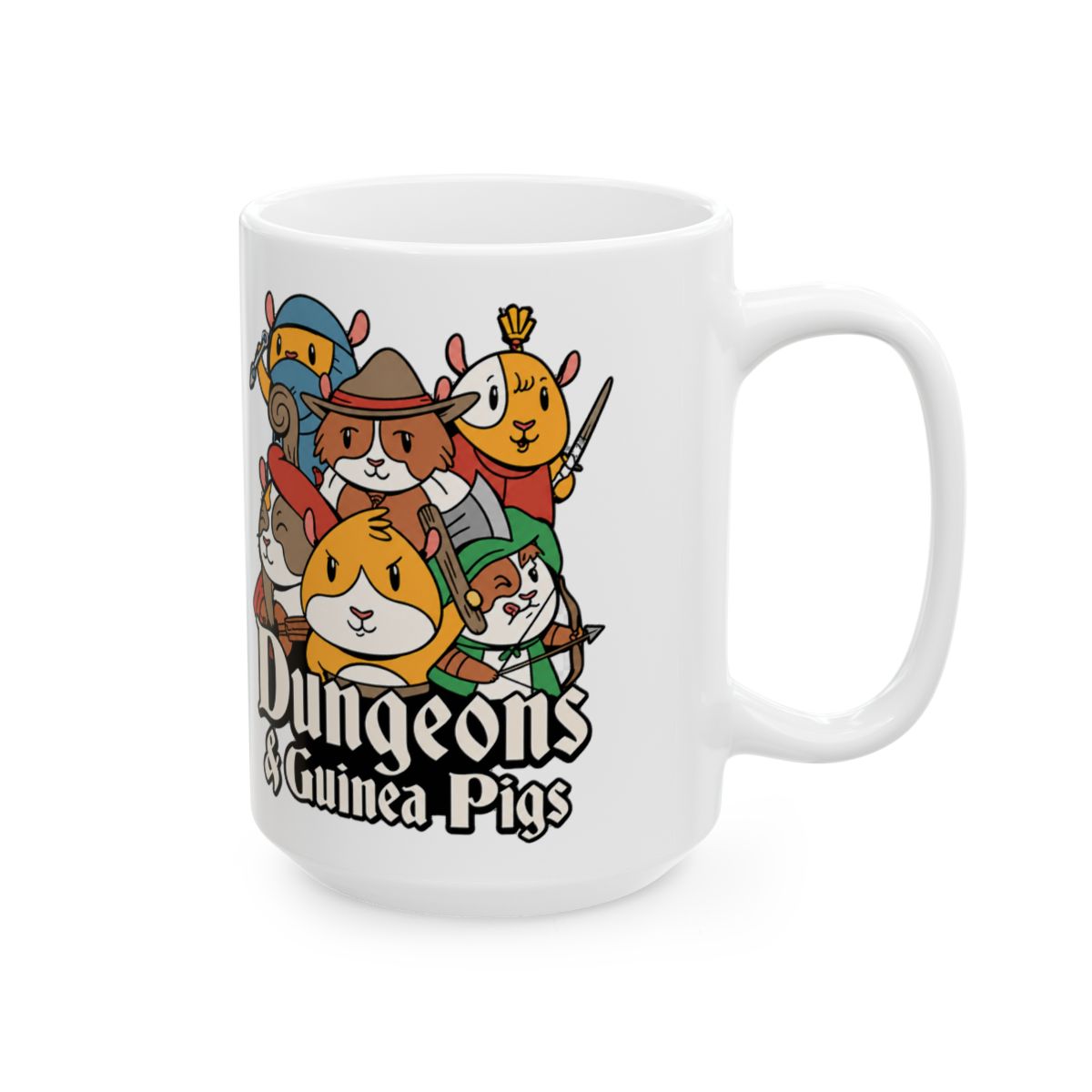 Black ceramic mug featuring a white design of cartoon guinea pigs dressed as Dungeons & Dragons characters. The text "Dungeons & Guinea Pigs" is printed in white on the mug