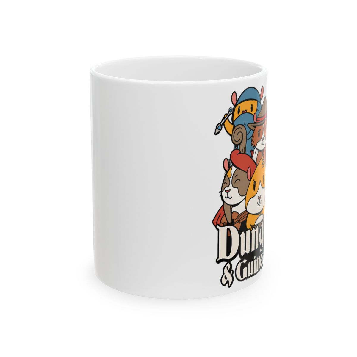 Black ceramic mug featuring a white design of cartoon guinea pigs dressed as Dungeons & Dragons characters. The text "Dungeons & Guinea Pigs" is printed in white on the mug - alternate angle 2, merchandise