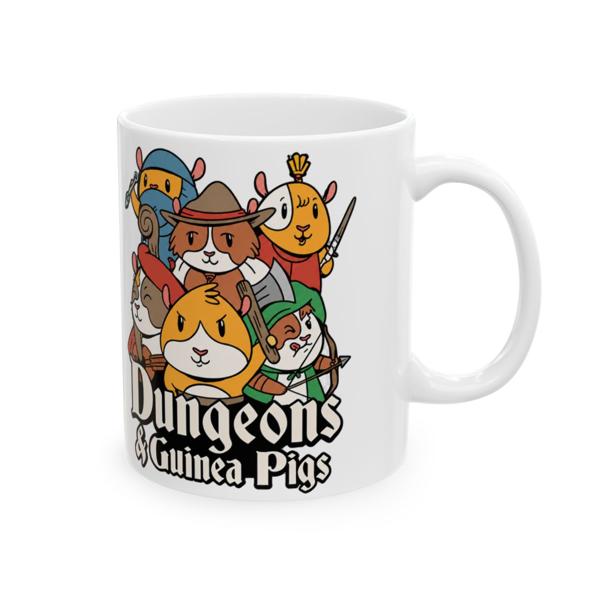 Black ceramic mug featuring a white design of cartoon guinea pigs dressed as Dungeons & Dragons characters. The text "Dungeons & Guinea Pigs" is printed in white on the mug - Official Mugs & Drinkware merchandise
