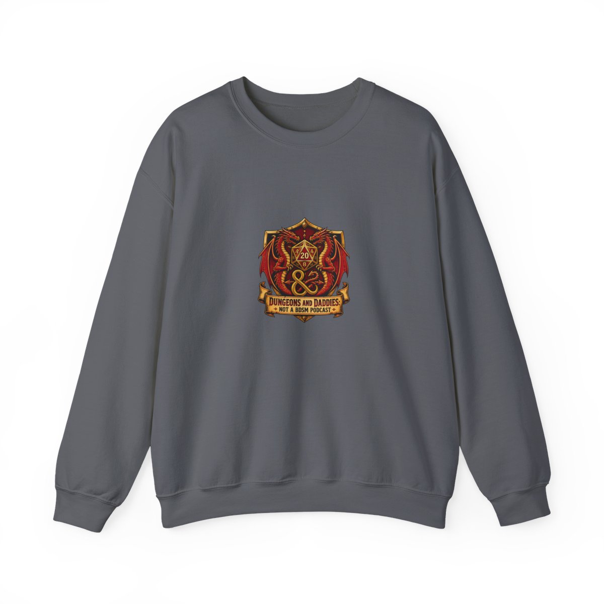 Dungeons and Daddies " tails. This shield sits atop a banner that reads, " Crewneck - alternate angle 5, merchandise