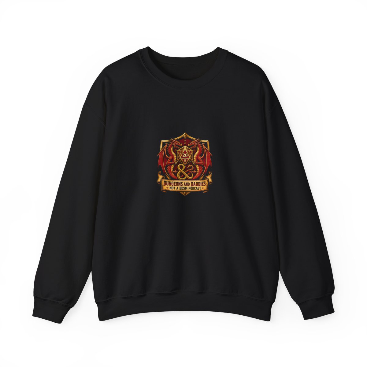 Dungeons and Daddies " tails. This shield sits atop a banner that reads, " Crewneck