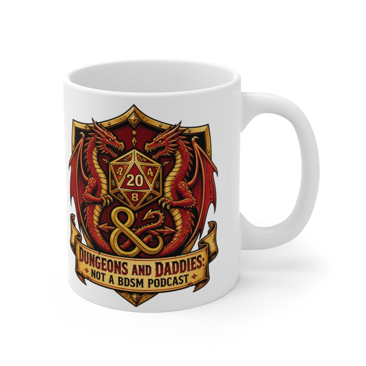 Dungeons and Daddies " tails. This shield sits atop a banner that reads, " White Mug